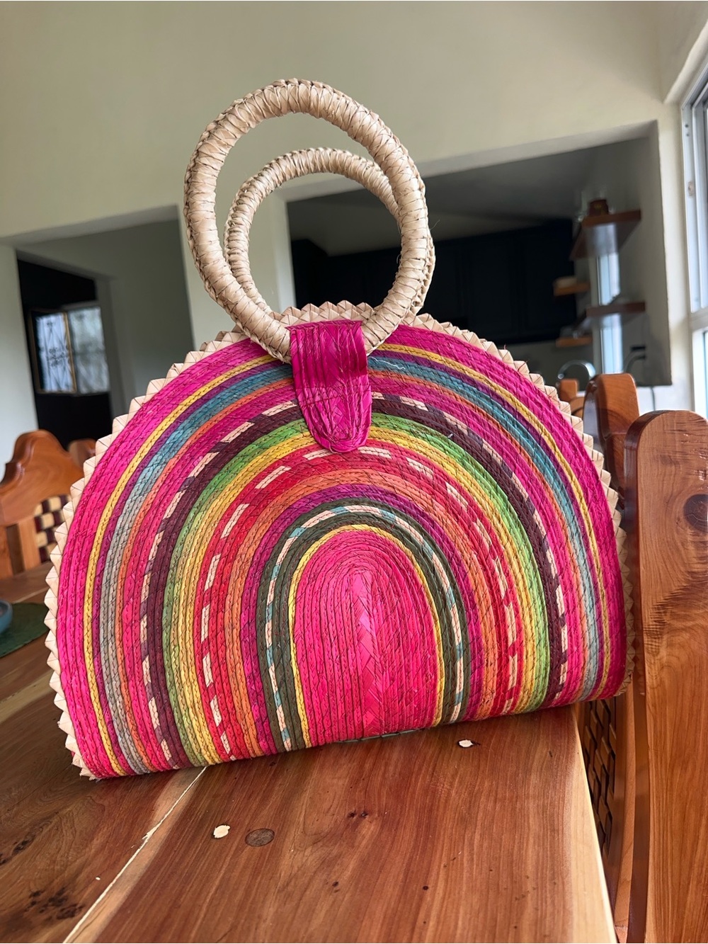 Handwoven Multicolor Straw Tote Bag with Round Handles